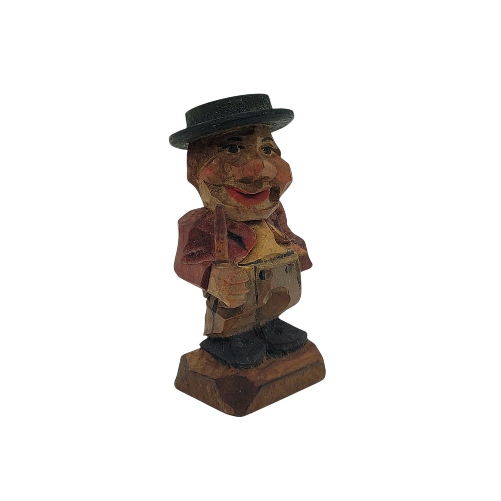 Vintage Hand Carved Wood Man Figurine Folk Art Alpine Character Black‎ Hat 3.25"